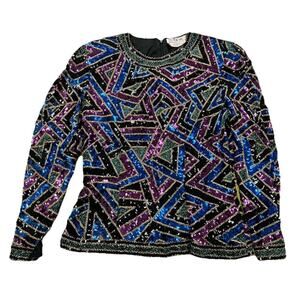 Vintage Black Tie Sequin Beaded Silk Top Geometric Party Blouse Womens Small